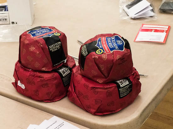 Someone carried these four huge pork pies back from Melton Mowbray for somebody else!